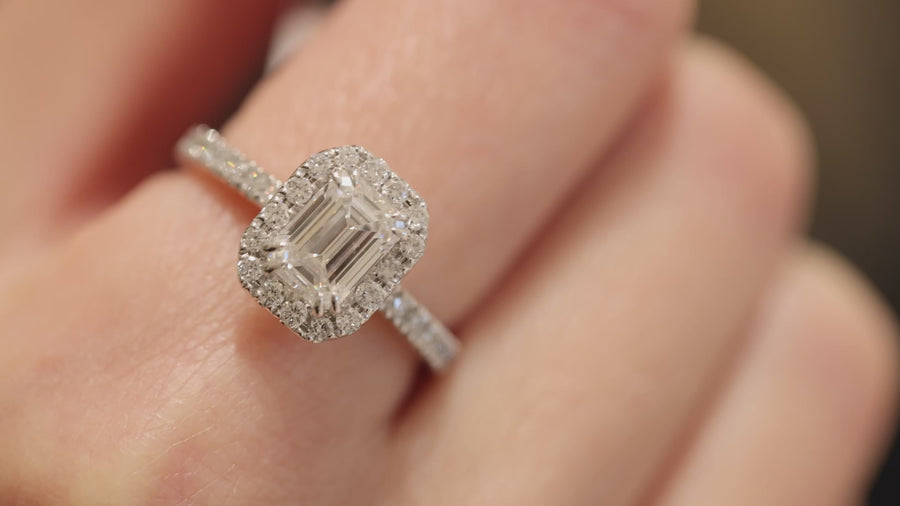 2 Ct Total Weight Emerald Cut Lab Grown Halo Engagement Ring
