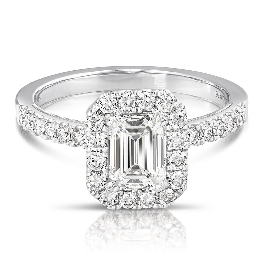 1 1/2 Ct Total Weight Emerald Cut Lab Grown Halo Engagement Ring