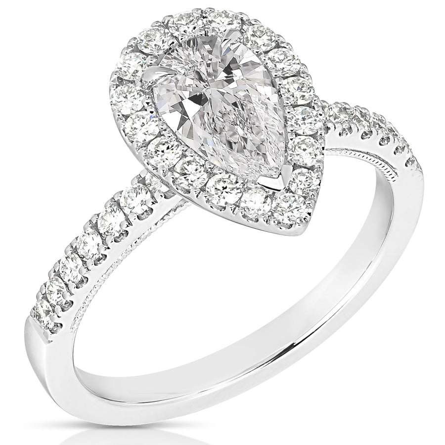 1 1/2 Ct Total Weight Pear Shape Lab Grown Halo Engagement Ring