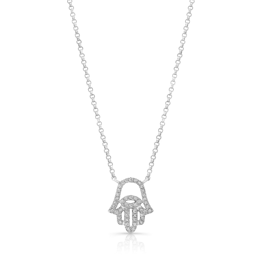 Evil Eye Hamsa Outline Pave Diamond Necklace