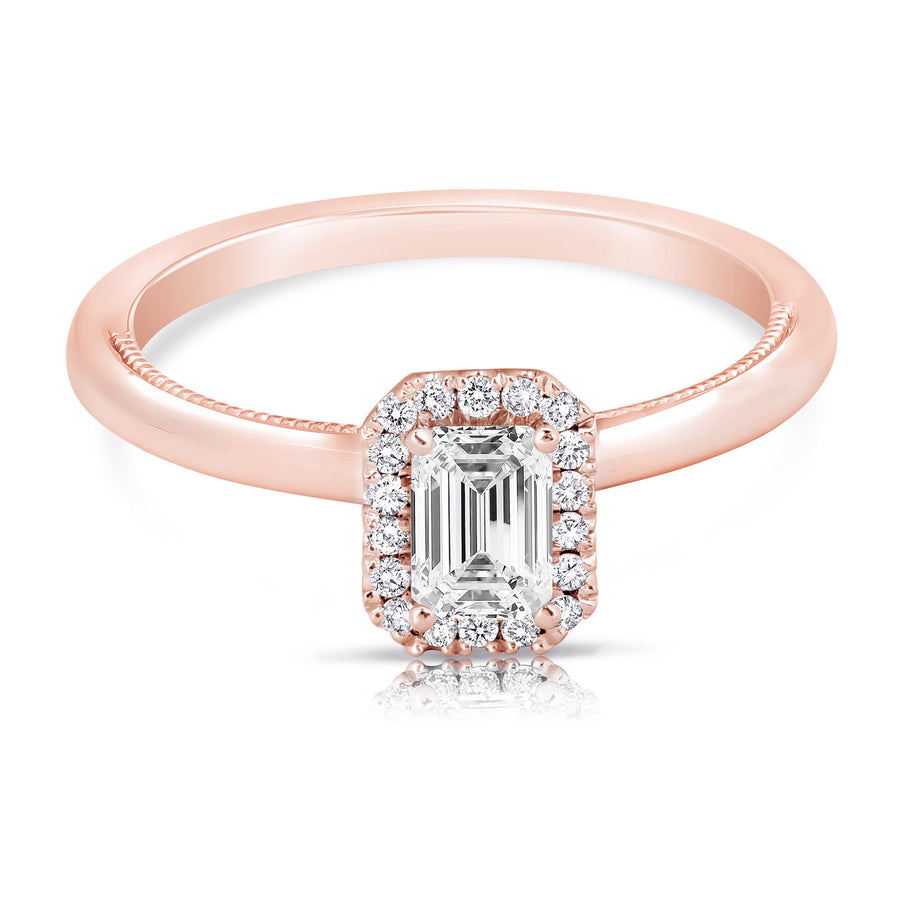 1/2 Ct Total Weight Emerald Cut Simple Halo Engagement Ring